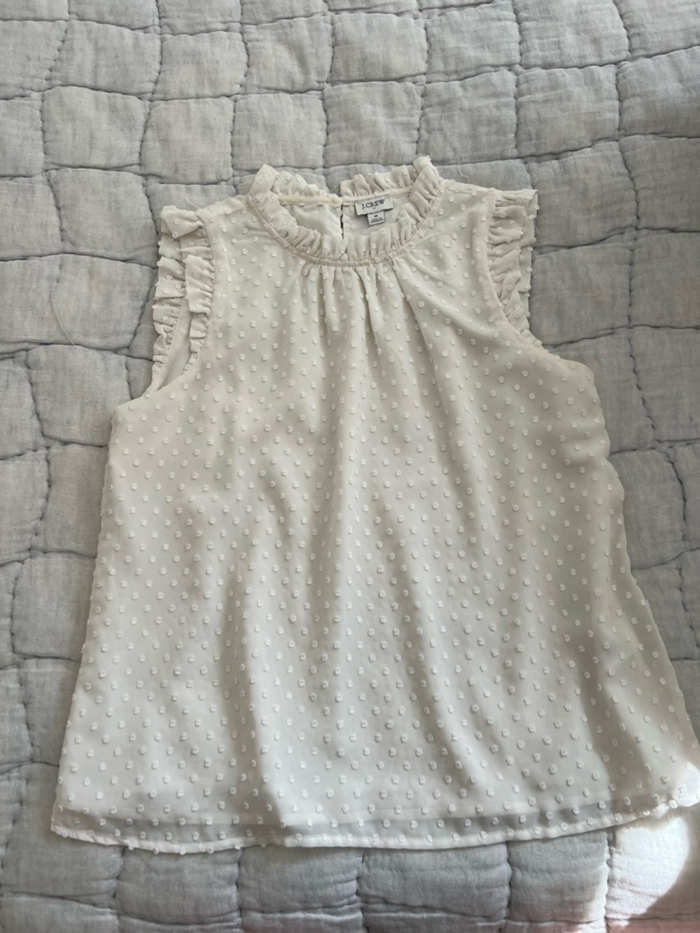J. Crew Ivory Swiss Dot Ruffle Neck Sleeveless Top